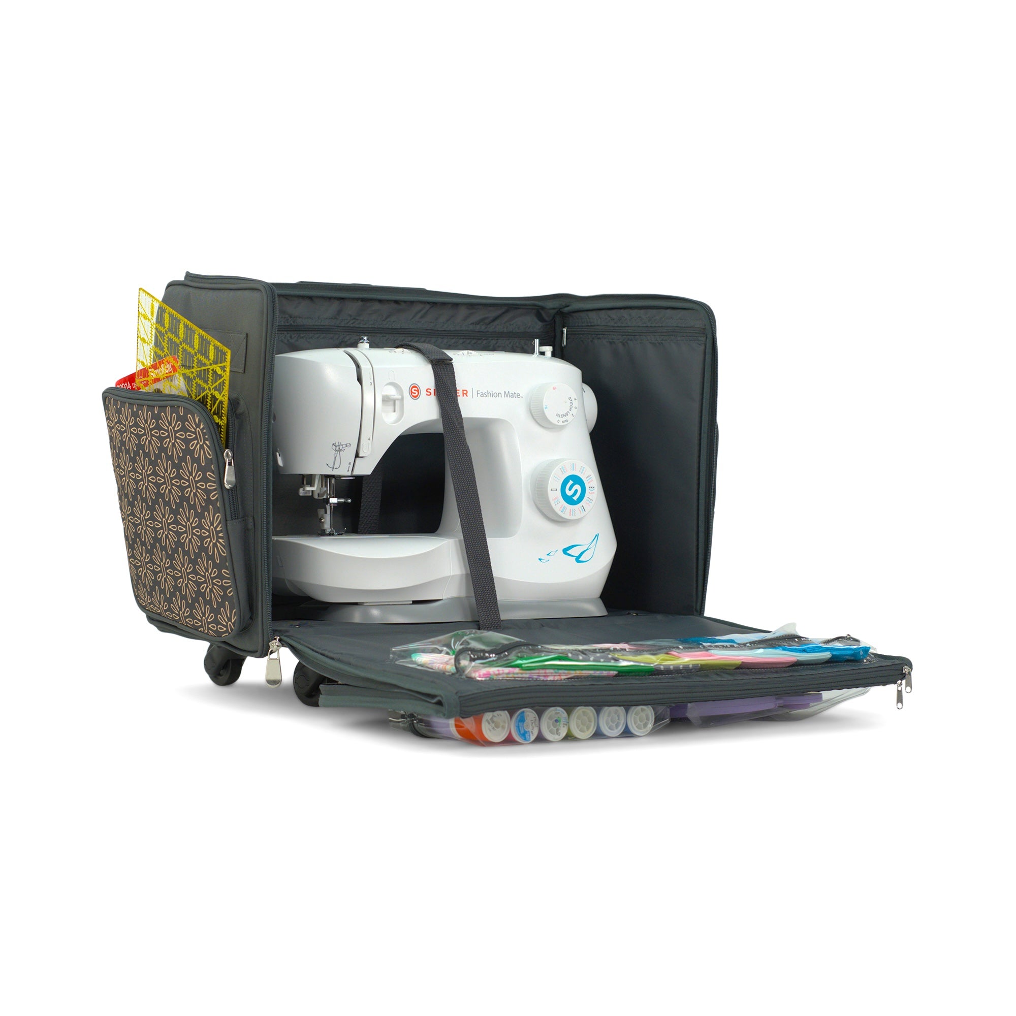 Everything Mary XL Rolling Sewing Machine Case with Wheels in Grey Geometric – Sewing Machine Tote Bag for Travel, Classes & Quilting