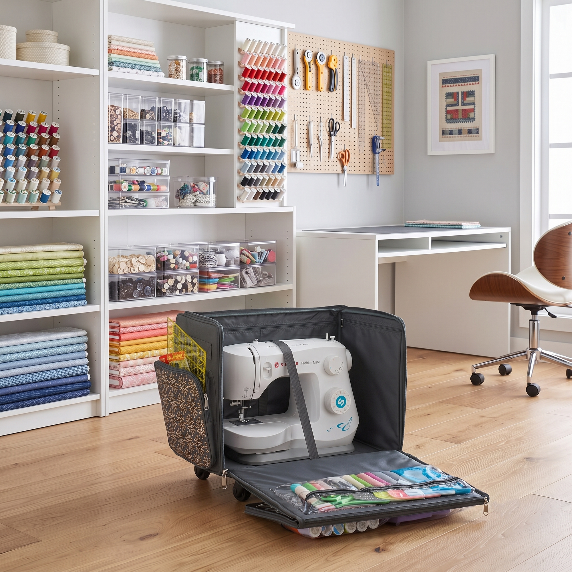 Everything Mary XL Rolling Sewing Machine Case with Wheels in Grey Geometric – Sewing Machine Tote Bag for Travel, Classes & Quilting