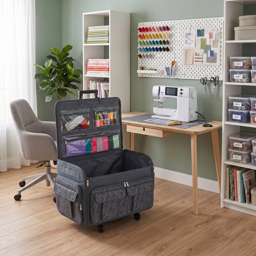 Everything Mary XXL Rolling Sewing Machine Case with Wheels in Line Floral Print – Oversized Sewing Machine Tote Bag for Travel & Classes