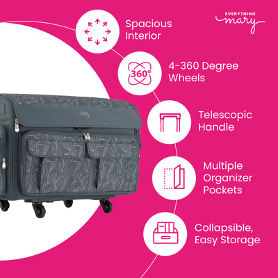 Everything Mary XXL Rolling Sewing Machine Case with Wheels in Line Floral Print – Oversized Sewing Machine Tote Bag for Travel & Classes