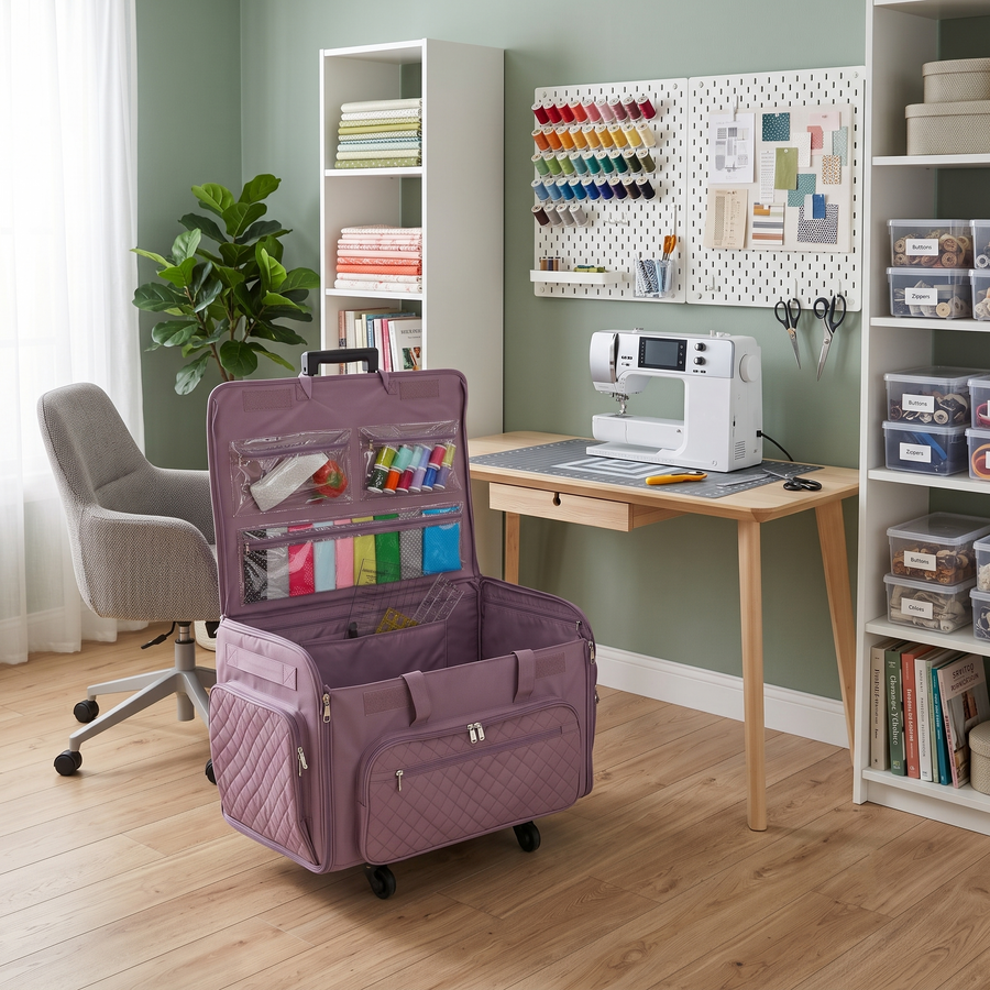Everything Mary XXL Rolling Sewing Machine Case with Wheels in Purple Quilted – Oversized Sewing Machine Tote Bag for Travel & Classes