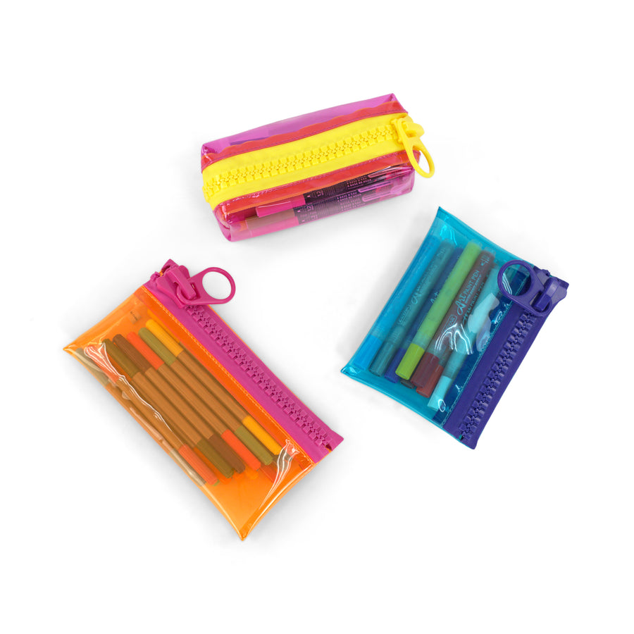 Everything Mary Chunky Zipper Pouch Set of 3 – Clear Storage Pouches in Assorted Colors & Sizes with Bold Zippers for Pencils, Art Supplies & Notions