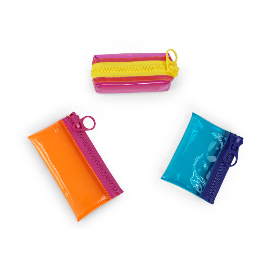 Everything Mary Chunky Zipper Pouch Set of 3 – Clear Storage Pouches in Assorted Colors & Sizes with Bold Zippers for Pencils, Art Supplies & Notions
