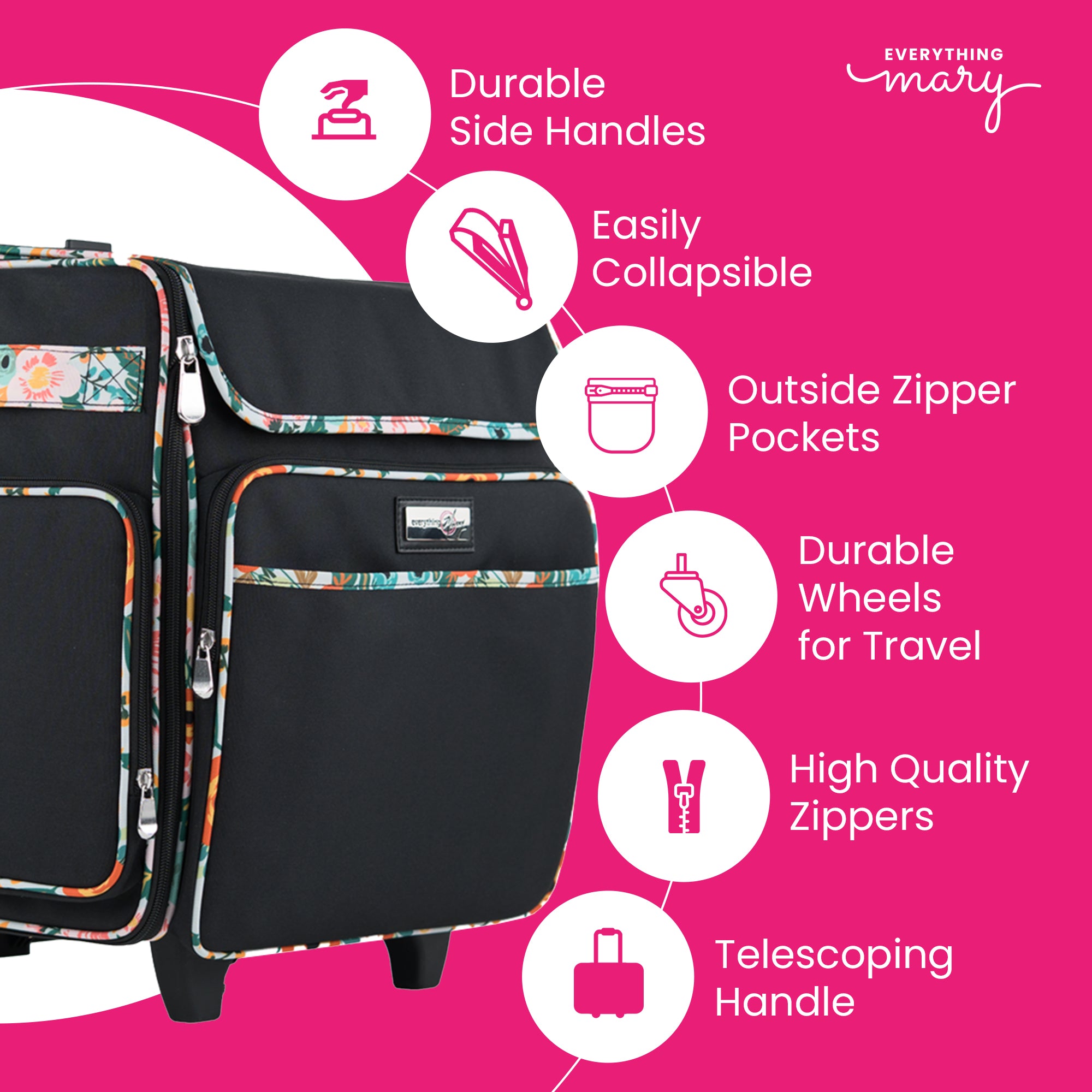 Collapsible Rolling Scrapbook & Featherweight Case, Black & Floral