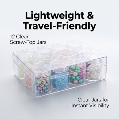 Everything Mary Clear Bead Organizer with 12 Removable Jars – Portable Storage for Jewelry, Diamond Art, and Small Craft Supplies