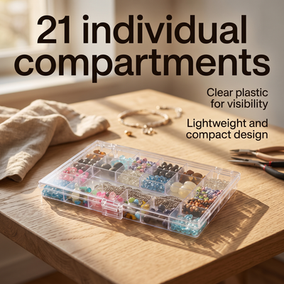 Everything Mary 21-Compartment Bead Storage Box – Clear Organizer for Jewelry, Diamond Art, and Small Craft Supplies