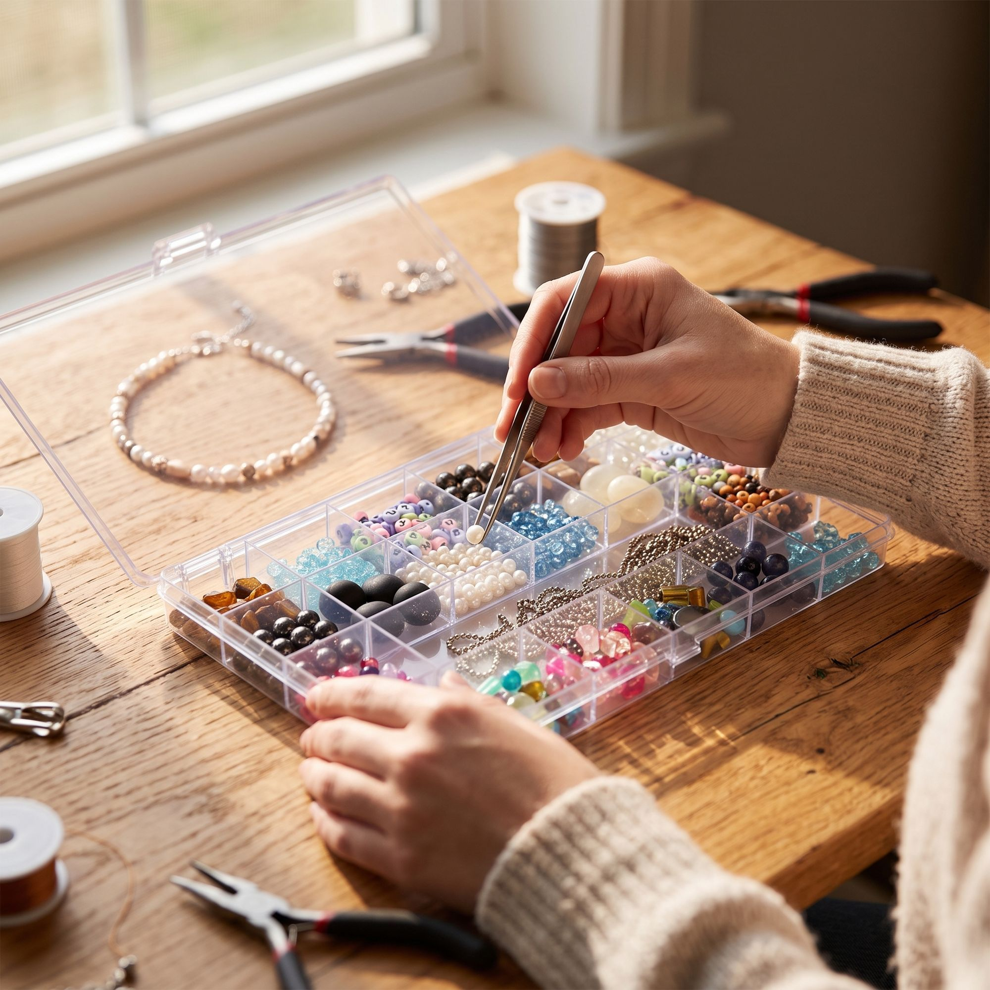 Everything Mary 21-Compartment Bead Storage Box – Clear Organizer for Jewelry, Diamond Art, and Small Craft Supplies