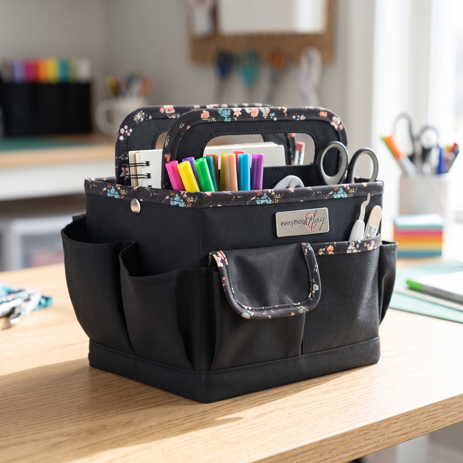 Everything Mary Collapsible Desktop Craft Caddy, Black & Floral Trim – Polyester Craft & Art Supply Organizer with 12 Storage Compartments