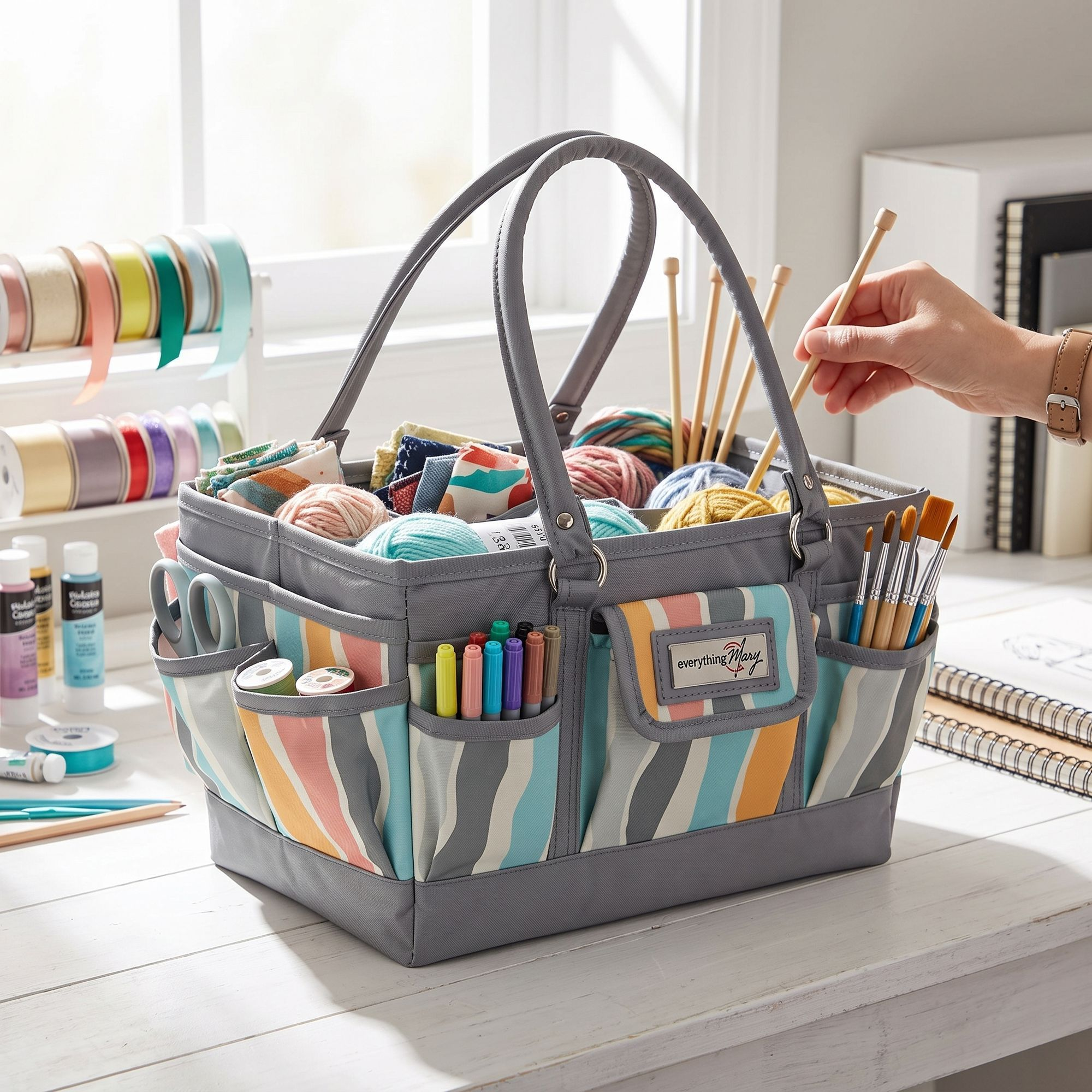 Deluxe Store & Tote Craft Organizer, Grey Stripes