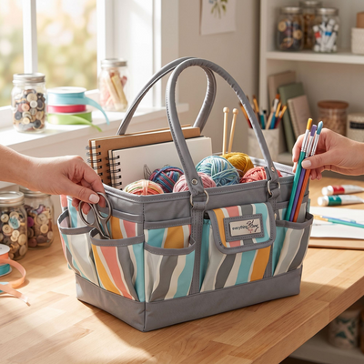 Deluxe Store & Tote Craft Organizer, Grey Stripes