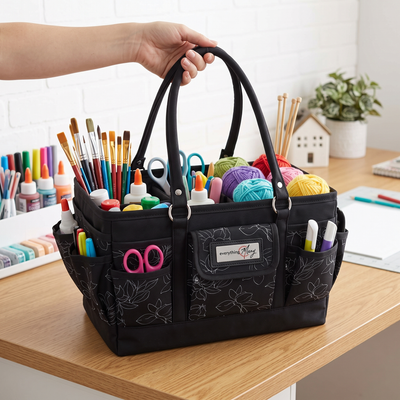 Deluxe Store & Tote Craft Organizer, Black & White Floral