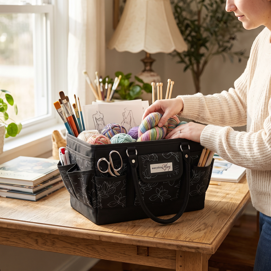 Deluxe Store & Tote Craft Organizer, Black & White Floral