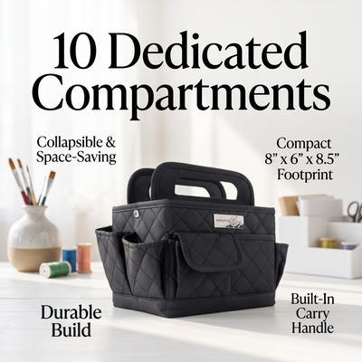 Everything Mary Collapsible Desktop Craft Caddy, Black Quilted – Polyester Craft & Art Supply Organizer with 12 Storage Compartments