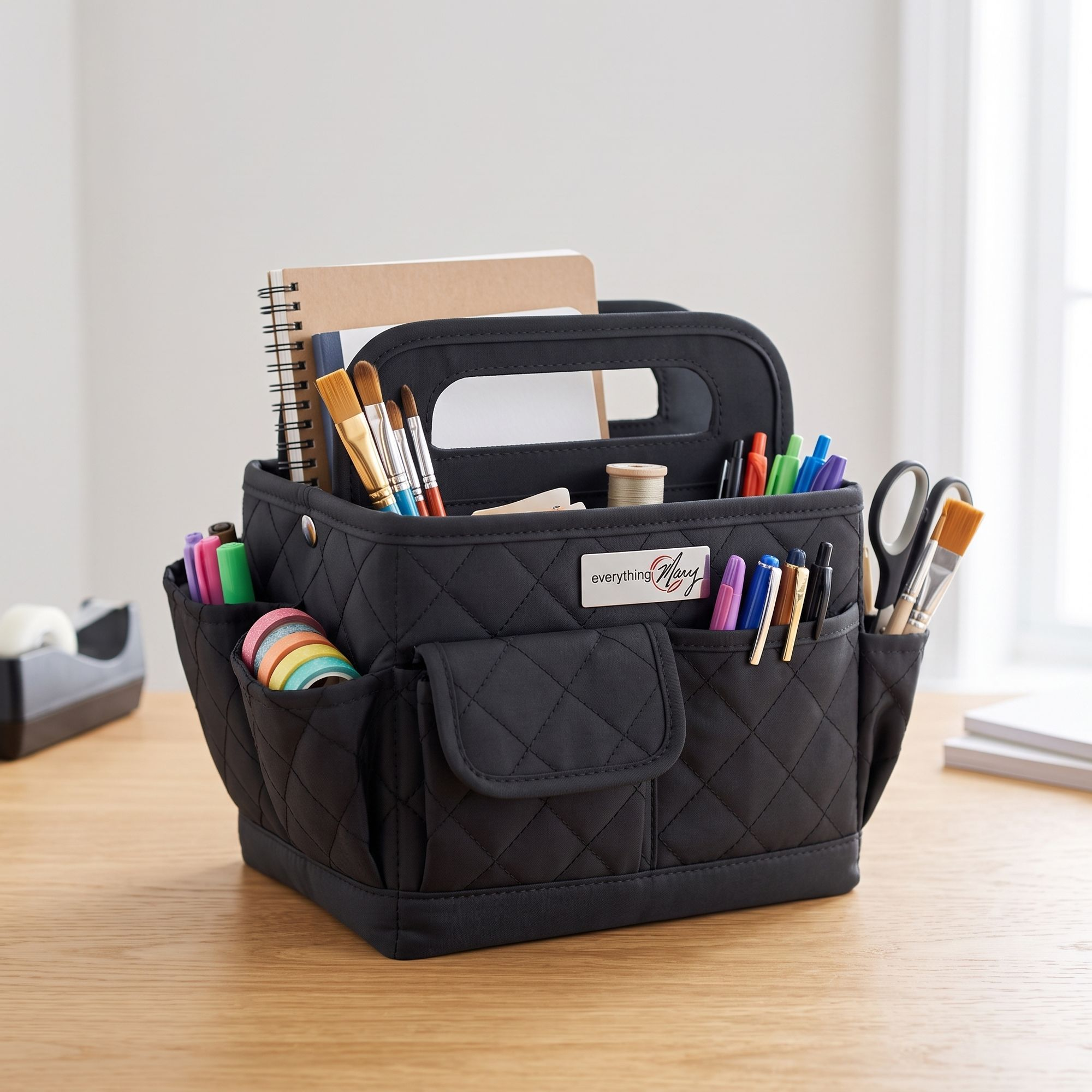 Everything Mary Collapsible Desktop Craft Caddy, Black Quilted – Polyester Craft & Art Supply Organizer with 12 Storage Compartments