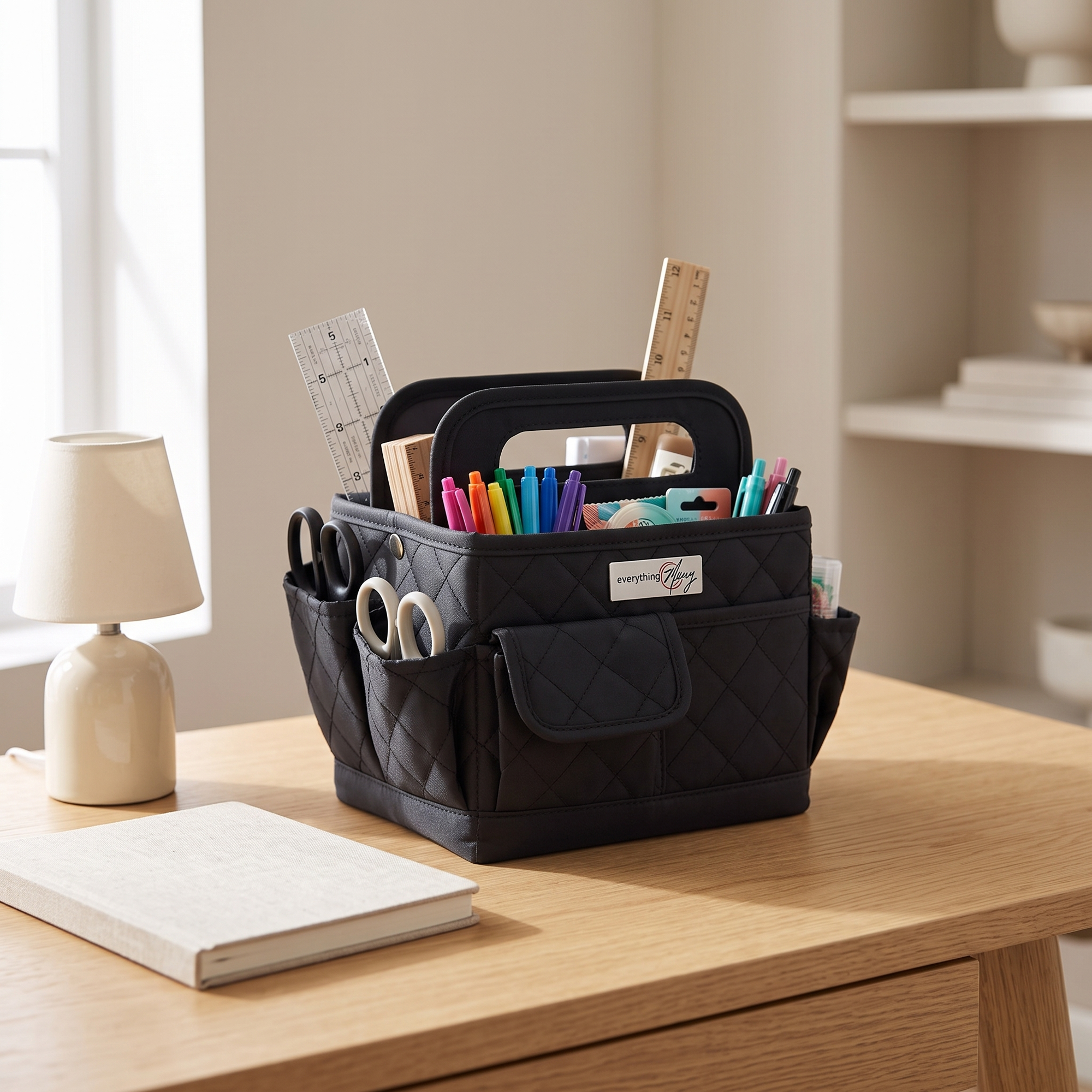 Everything Mary Collapsible Desktop Craft Caddy, Black Quilted – Polyester Craft & Art Supply Organizer with 12 Storage Compartments