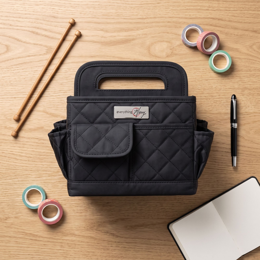 Everything Mary Collapsible Desktop Craft Caddy, Black Quilted – Polyester Craft & Art Supply Organizer with 12 Storage Compartments