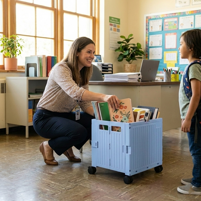 Blue Collapsible Rolling Cart with Lid and 360° Wheels – Foldable Utility Shopping and Teacher Cart