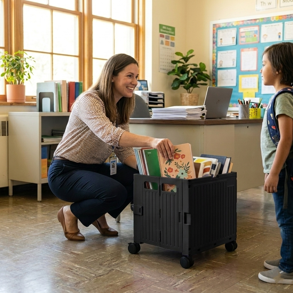 Black Collapsible Rolling Cart with Lid and 360° Wheels – Foldable Utility Shopping and Teacher Cart