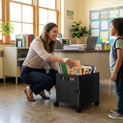 Black Collapsible Rolling Cart with Lid and 360° Wheels – Foldable Utility Shopping and Teacher Cart