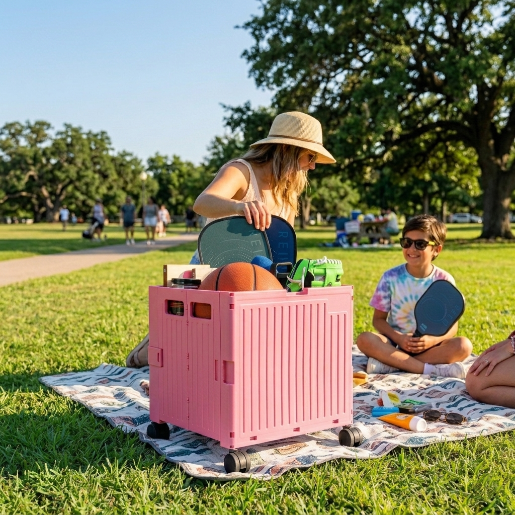 Pink Collapsible Rolling Cart with Lid and 360° Wheels – Foldable Utility Shopping and Teacher Cart