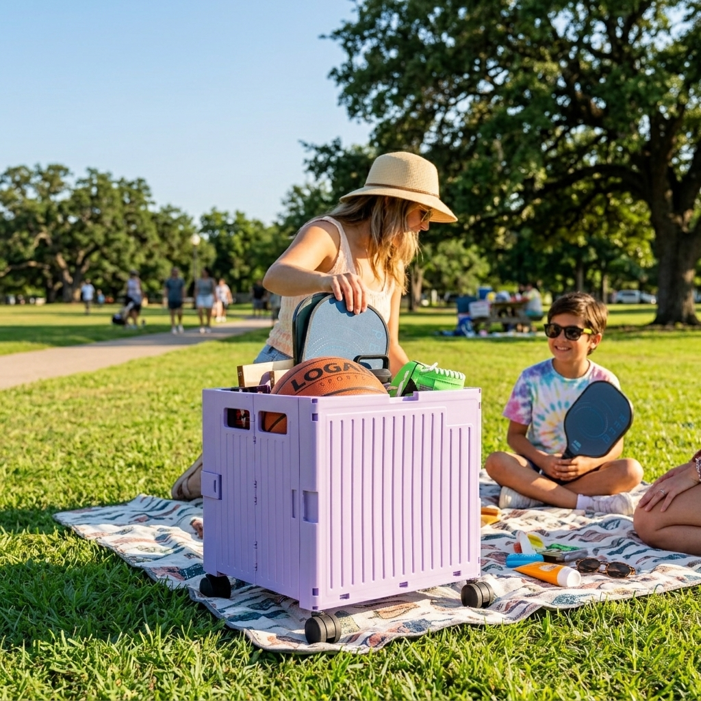 Purple Collapsible Rolling Cart with Lid and 360° Wheels – Foldable Utility Shopping and Teacher Cart