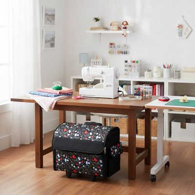 Rolling Sewing Machine Tote, Floral Storage Bag with Wheels & Telescoping Handle