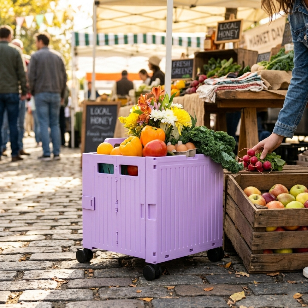 Purple Collapsible Rolling Cart with Lid and 360° Wheels – Foldable Utility Shopping and Teacher Cart