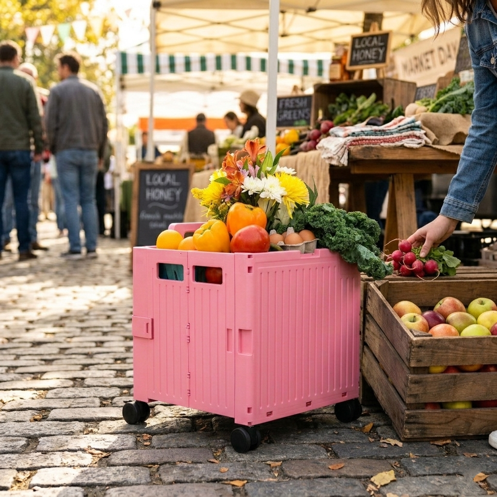 Pink Collapsible Rolling Cart with Lid and 360° Wheels – Foldable Utility Shopping and Teacher Cart