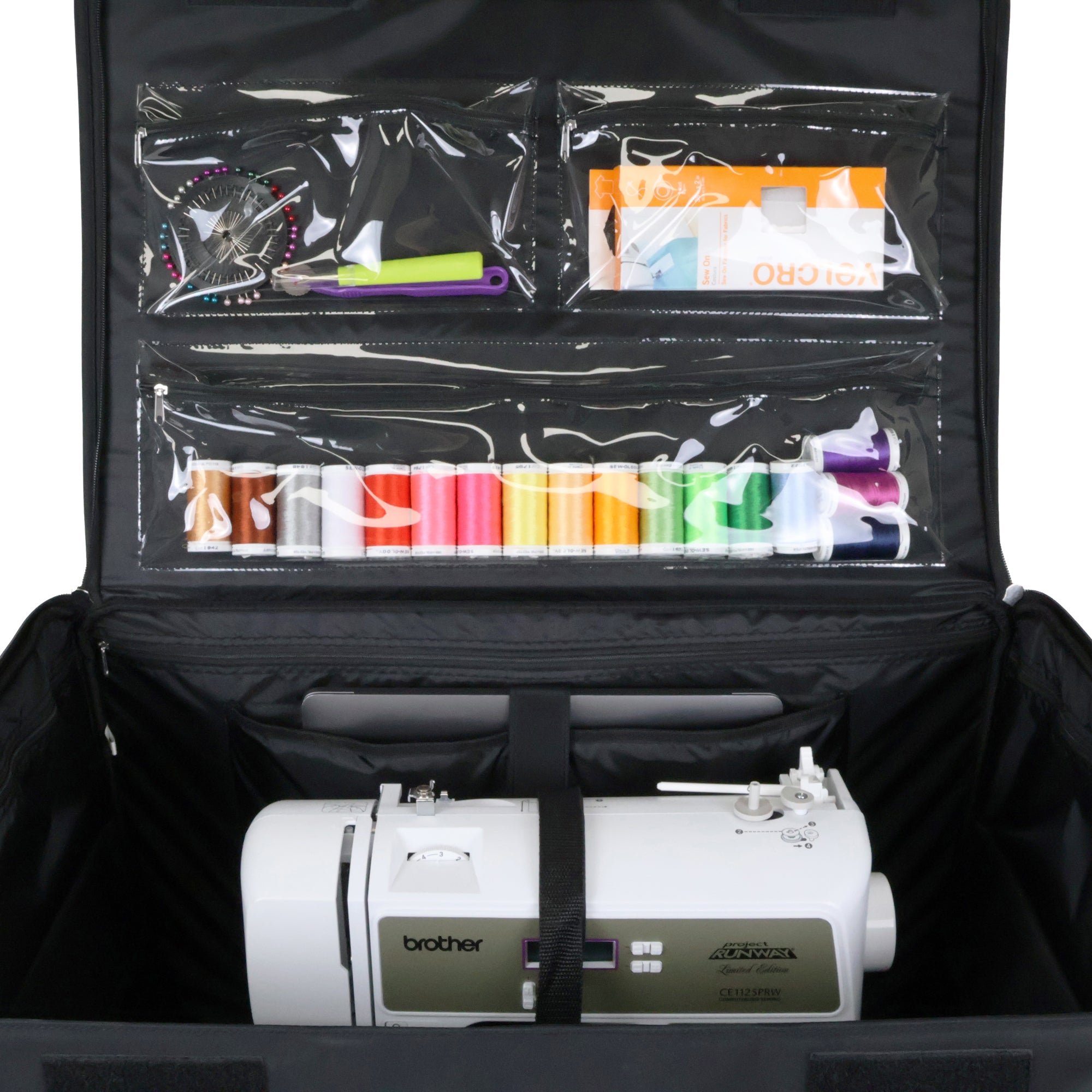 Everything Mary XXL 4 Wheel Collapsible Rolling Sewing Machine Storage Case, Black Quilted