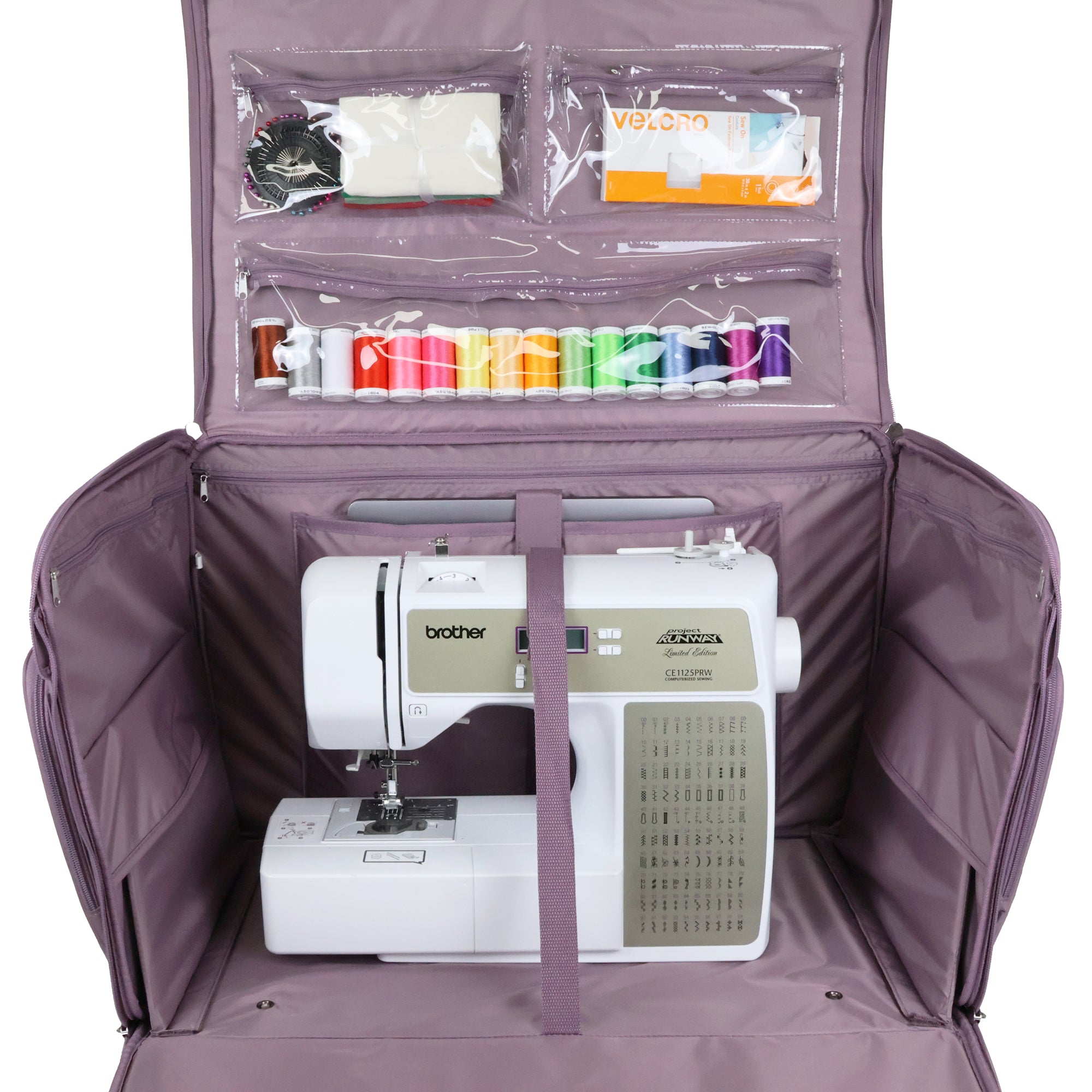 Everything Mary XXL 4 Wheel Collapsible Rolling Sewing Machine Storage Case, Purple Quilted