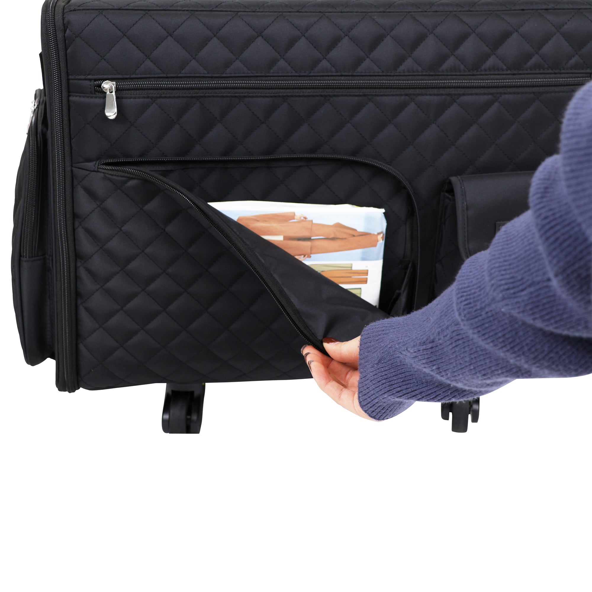 Everything Mary XL 4 Wheel Collapsible Rolling Sewing Machine Storage Case, Black Quilted
