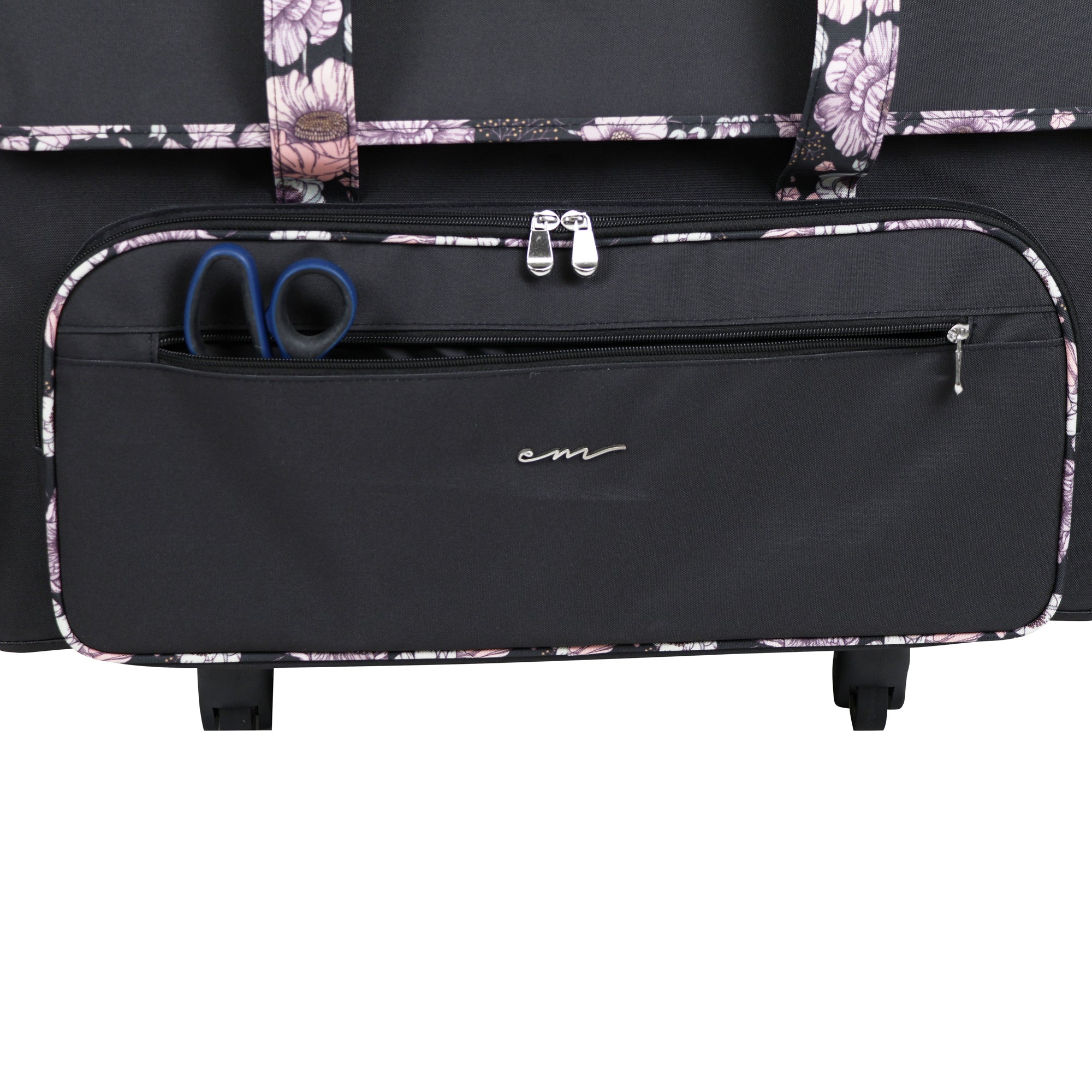 Everything Mary XXL 4 Wheel Collapsible Rolling Sewing Machine Storage Case, Black & Floral Trim