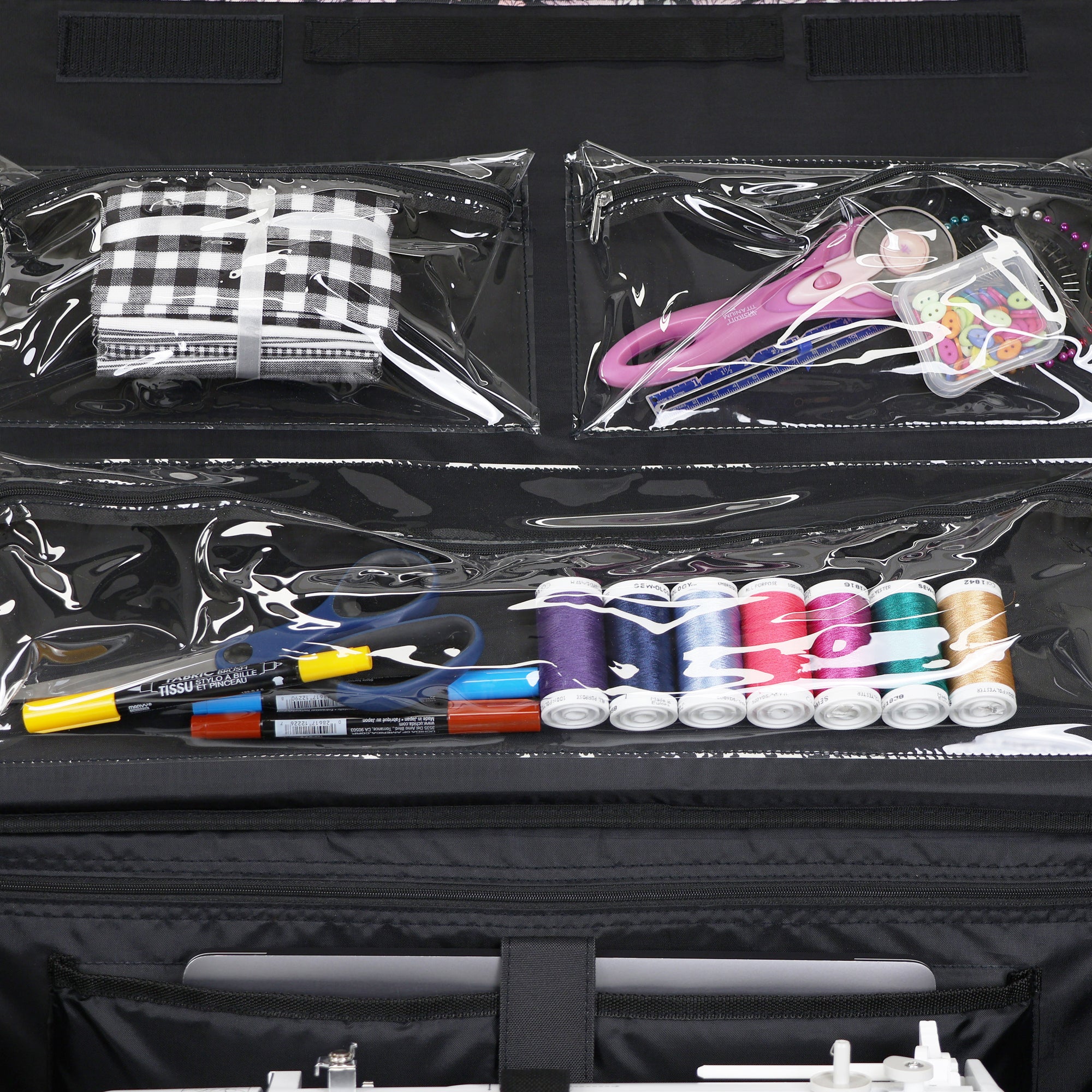 Everything Mary XXL 4 Wheel Collapsible Rolling Sewing Machine Storage Case, Black & Floral Trim