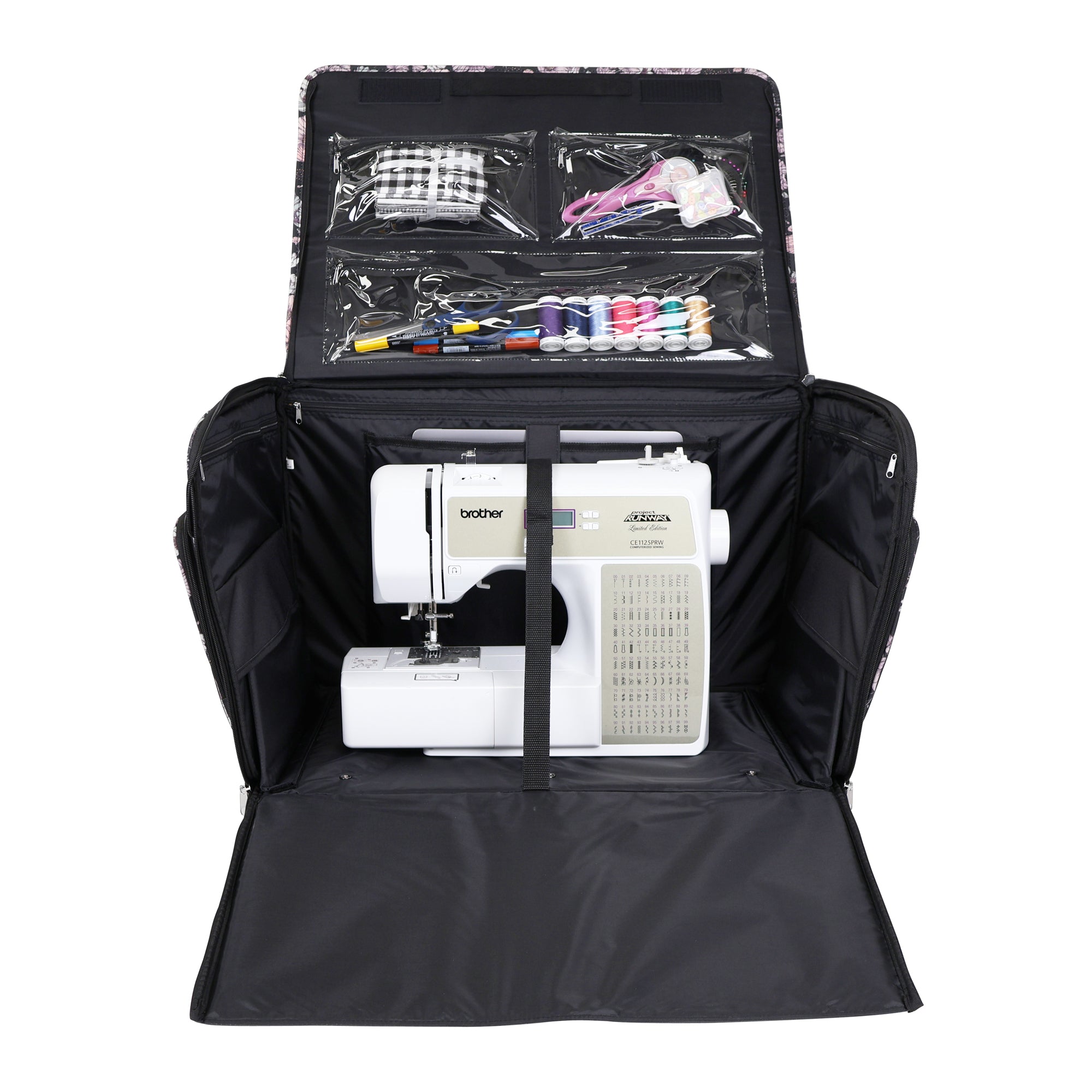 Everything Mary XXL 4 Wheel Collapsible Rolling Sewing Machine Storage Case, Black & Floral Trim