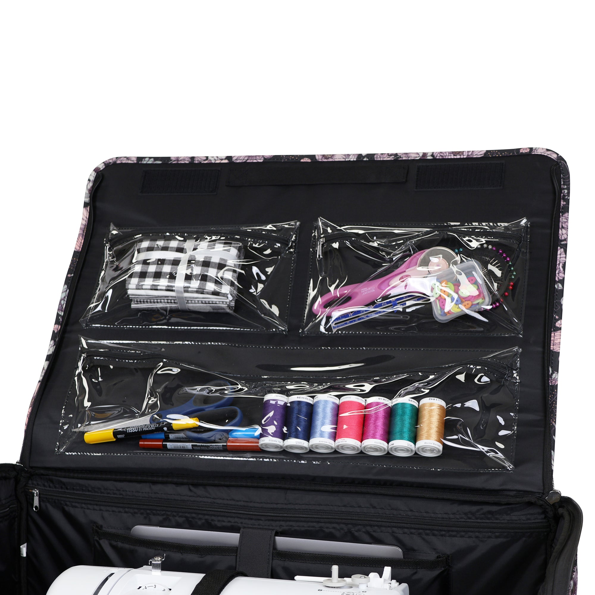 Everything Mary XXL 4 Wheel Collapsible Rolling Sewing Machine Storage Case, Black & Floral Trim