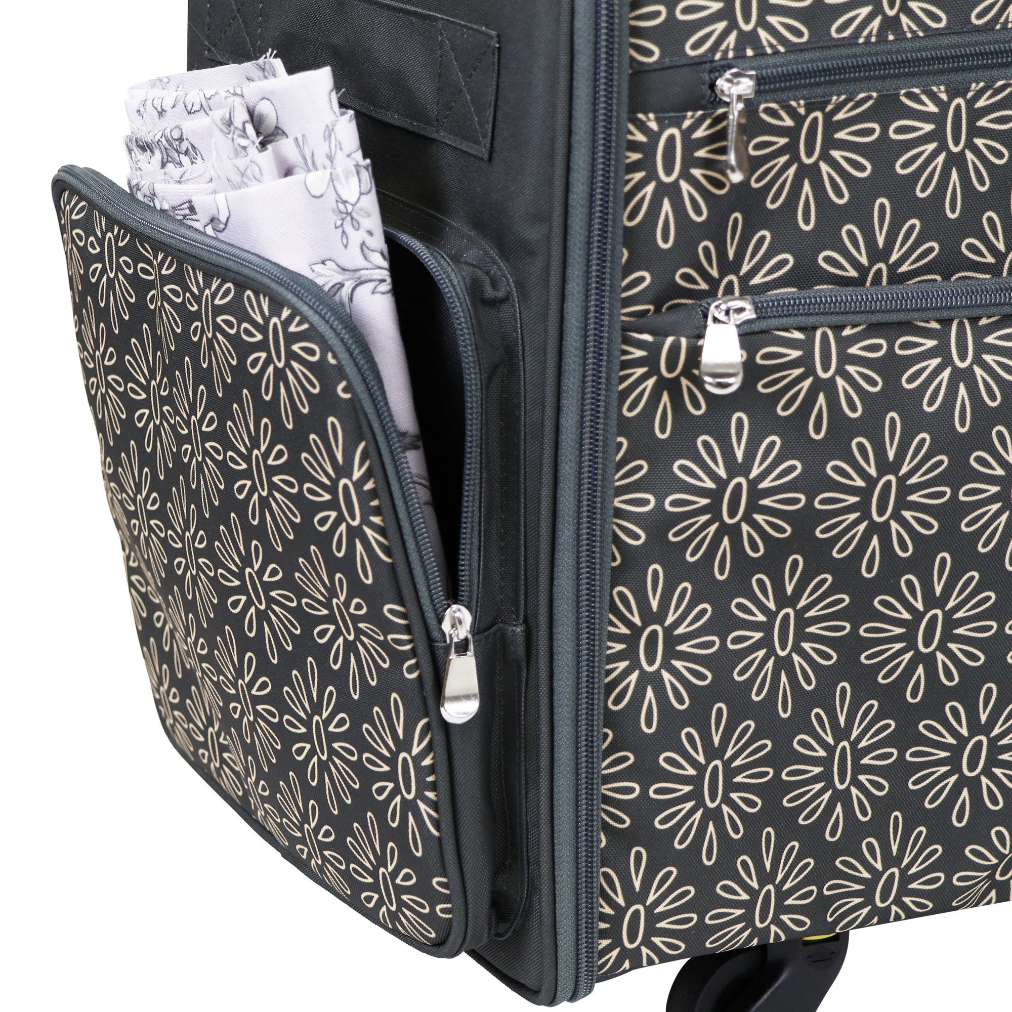 Everything Mary Flat Top XL 4 Wheel Collapsible Rolling Sewing Machine Storage Case, Tan Floral