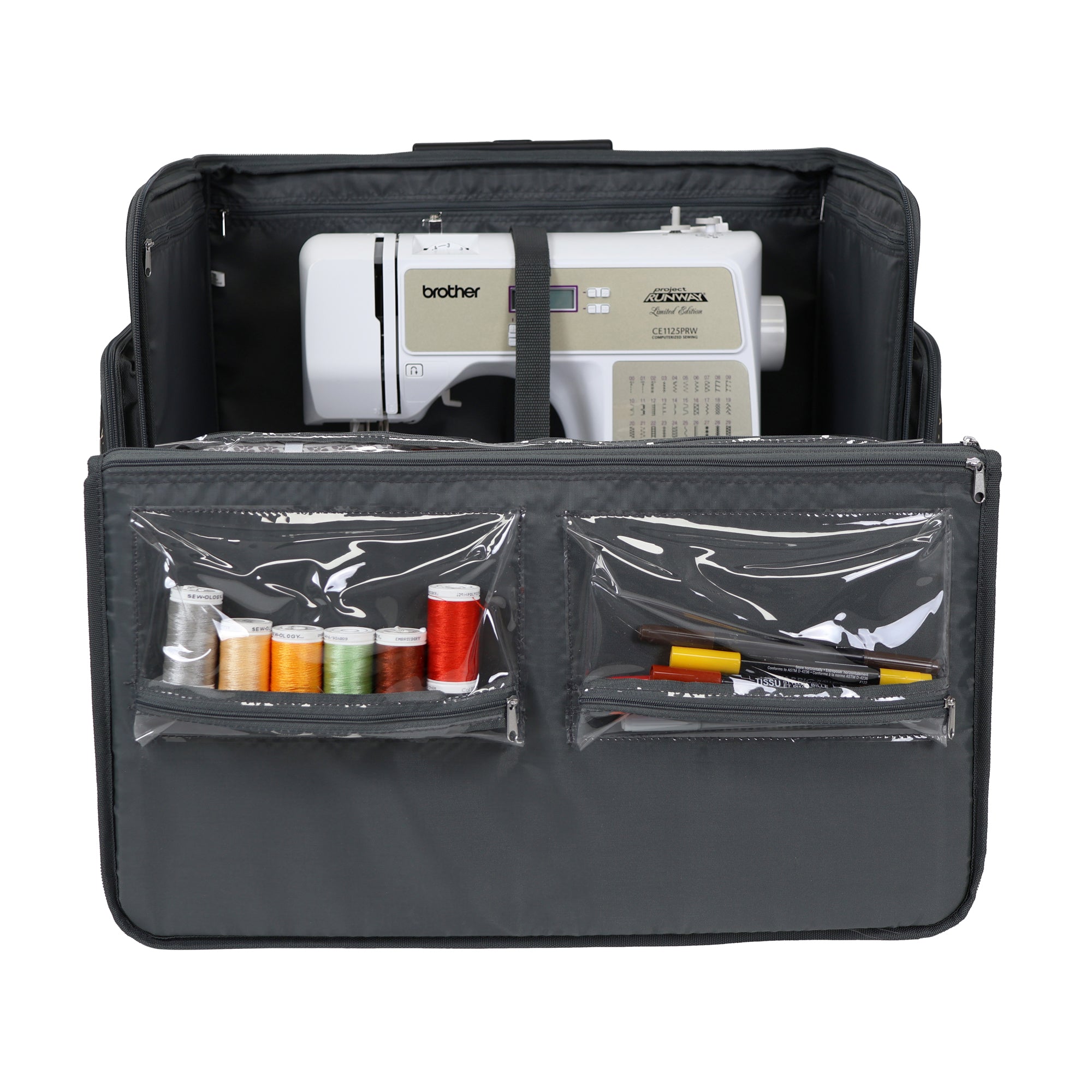 Everything Mary Flat Top XL 4 Wheel Collapsible Rolling Sewing Machine Storage Case, Tan Floral