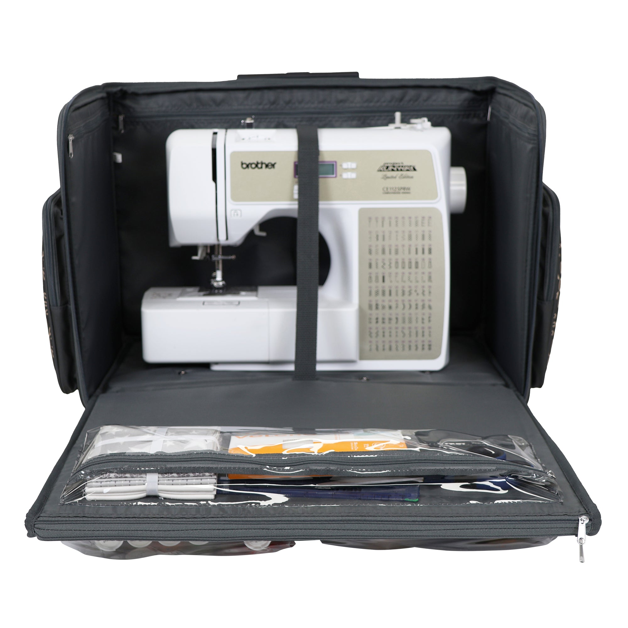 Everything Mary Flat Top XL 4 Wheel Collapsible Rolling Sewing Machine Storage Case, Tan Floral