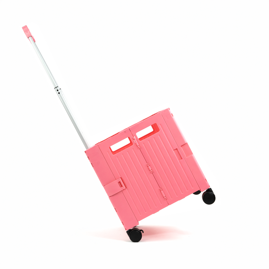 Pink Collapsible Rolling Cart with Lid and 360° Wheels – Foldable Utility Shopping and Teacher Cart