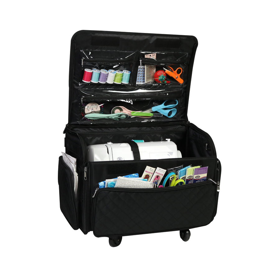 XL 4 Wheel Collapsible Deluxe Rolling Sewing Machine Storage Case, Black &  Floral