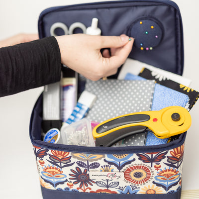 Collapsible Sewing Kit Organizer Box, Blue & Tan