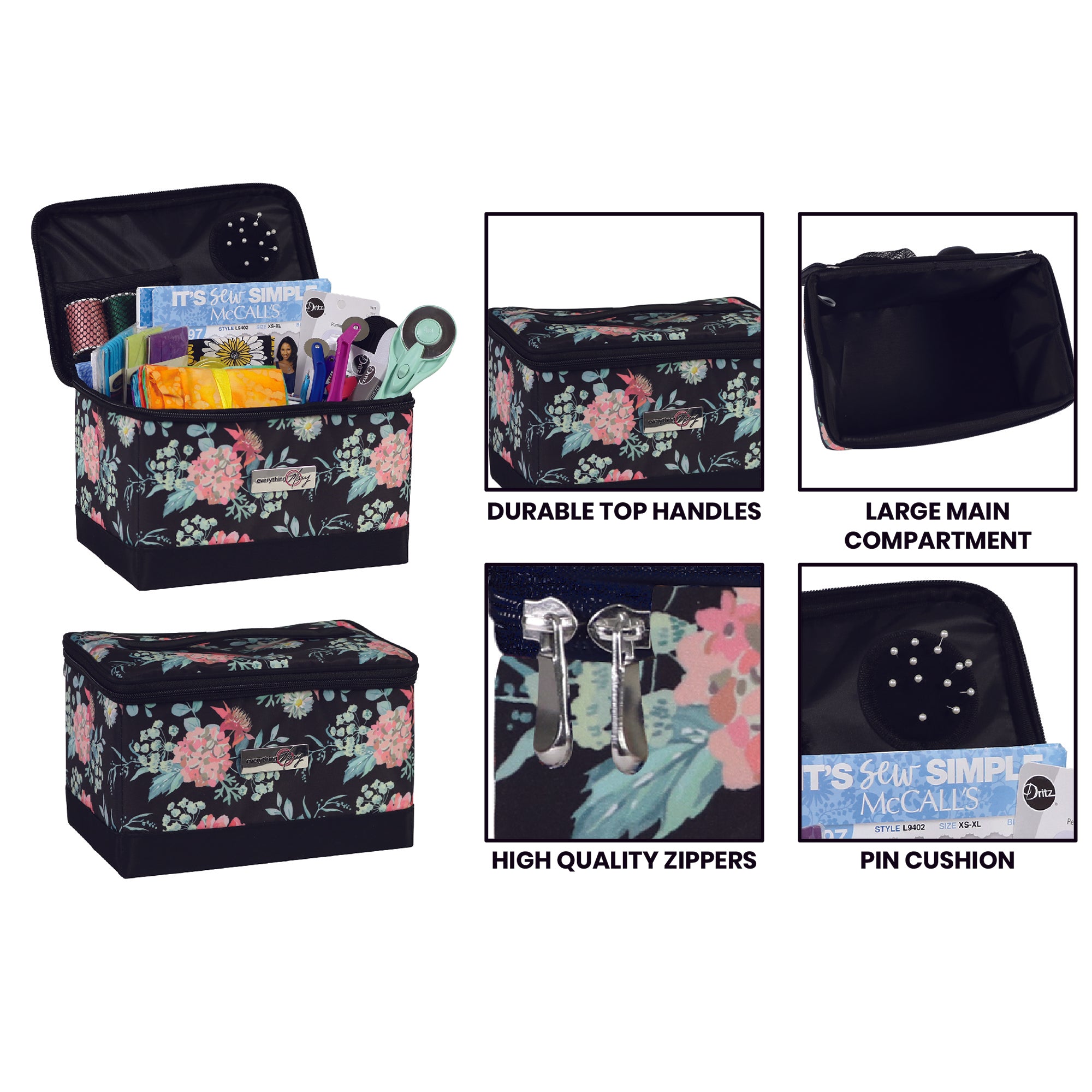 Collapsible Sewing Kit Organizer Box, Black & Floral - Everything Mary