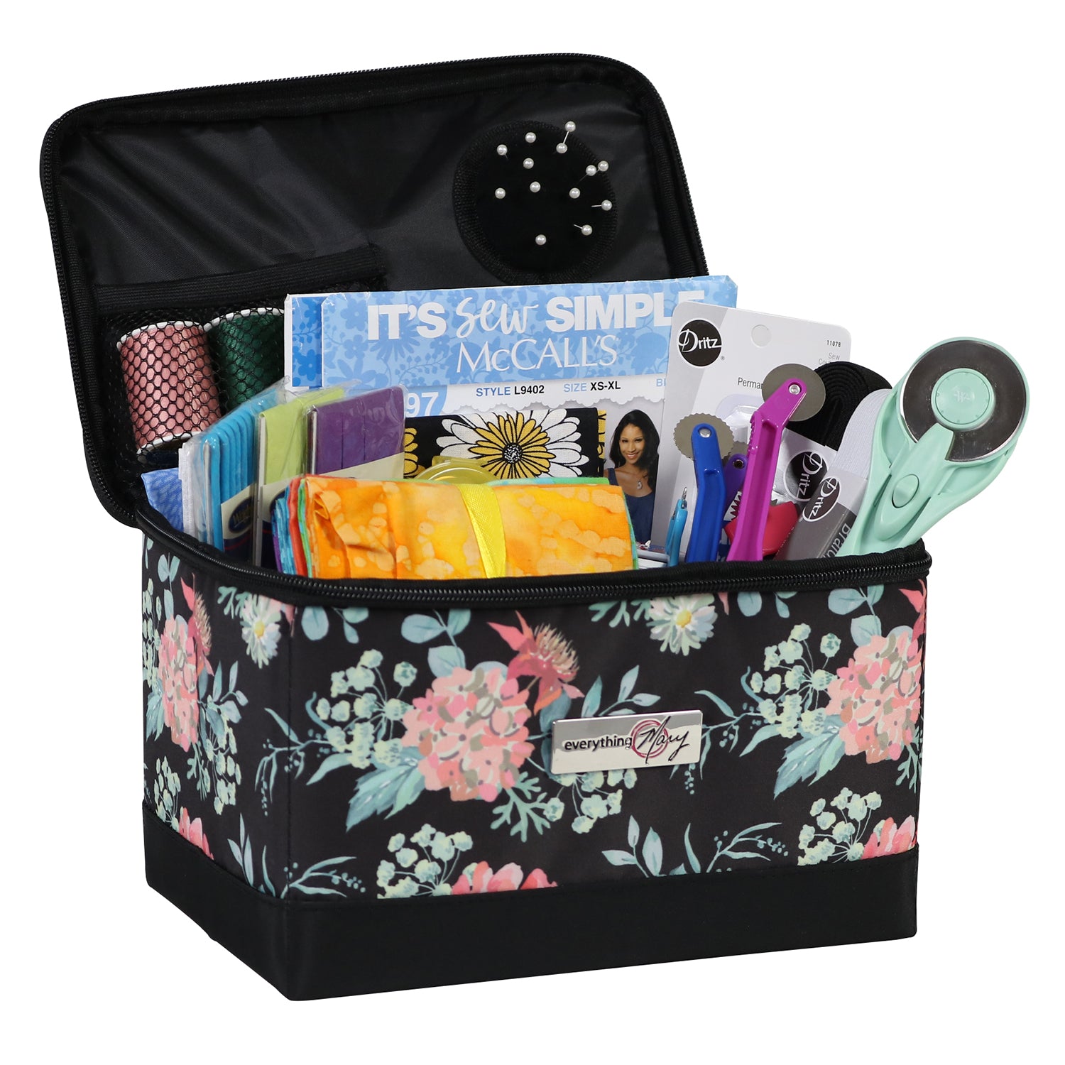 Collapsible Sewing Kit Organizer Box, Black & Floral - Everything Mary