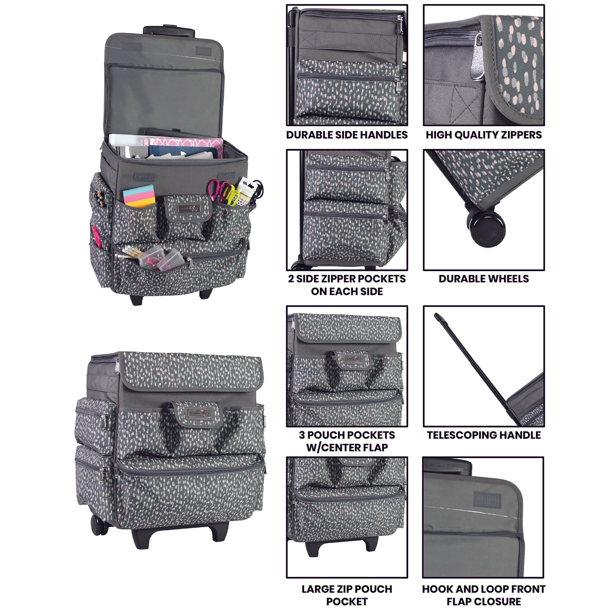 Multi-Compartment Teacher Rolling Tote, Grey & White