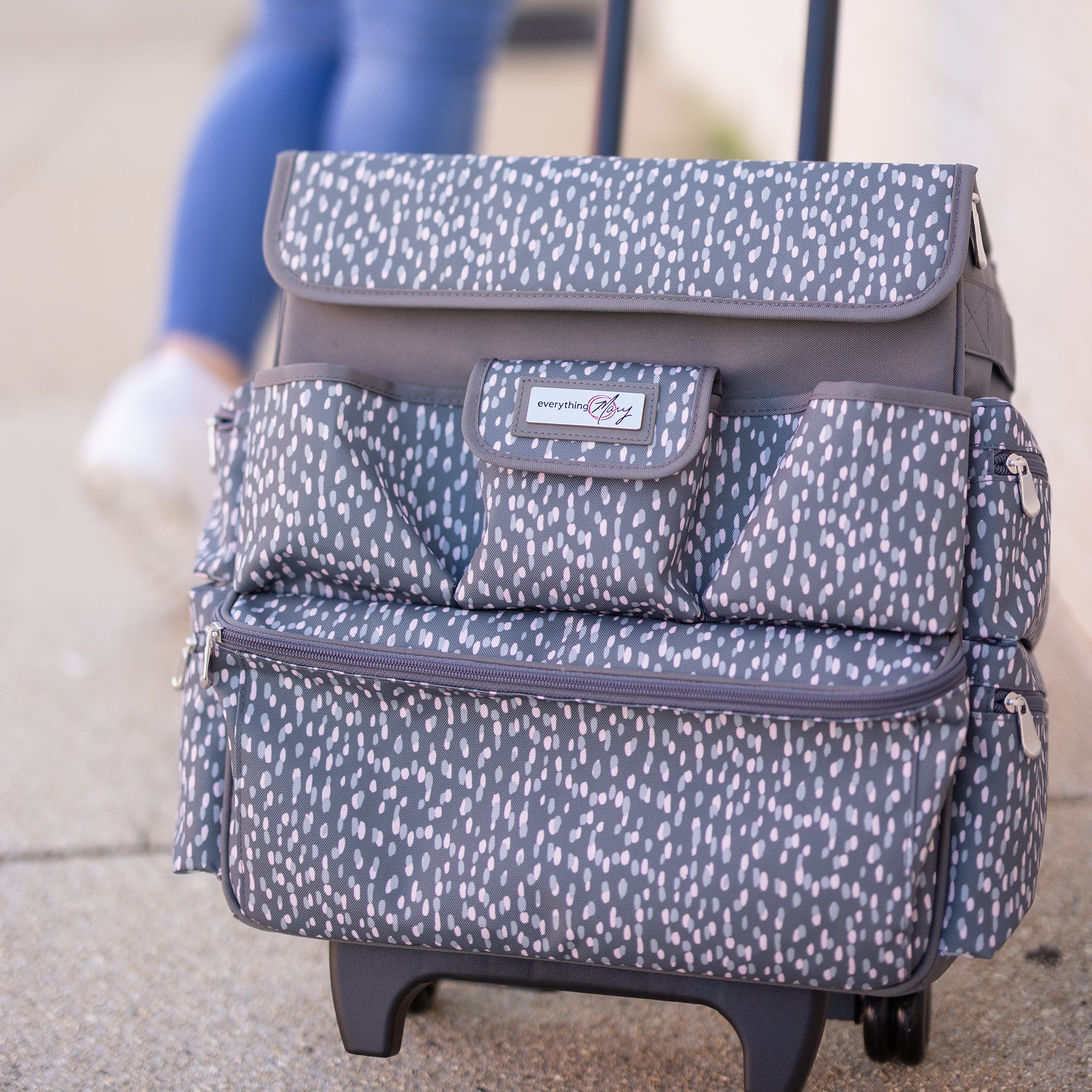 Multi-Compartment Teacher Rolling Tote, Grey & White