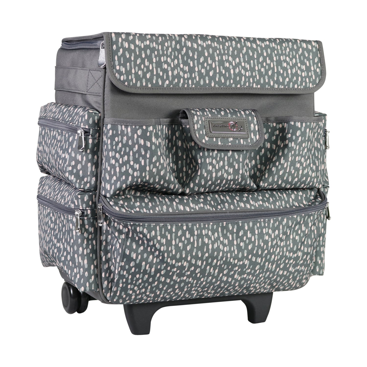 Multi-Compartment Teacher Rolling Tote, Grey & White