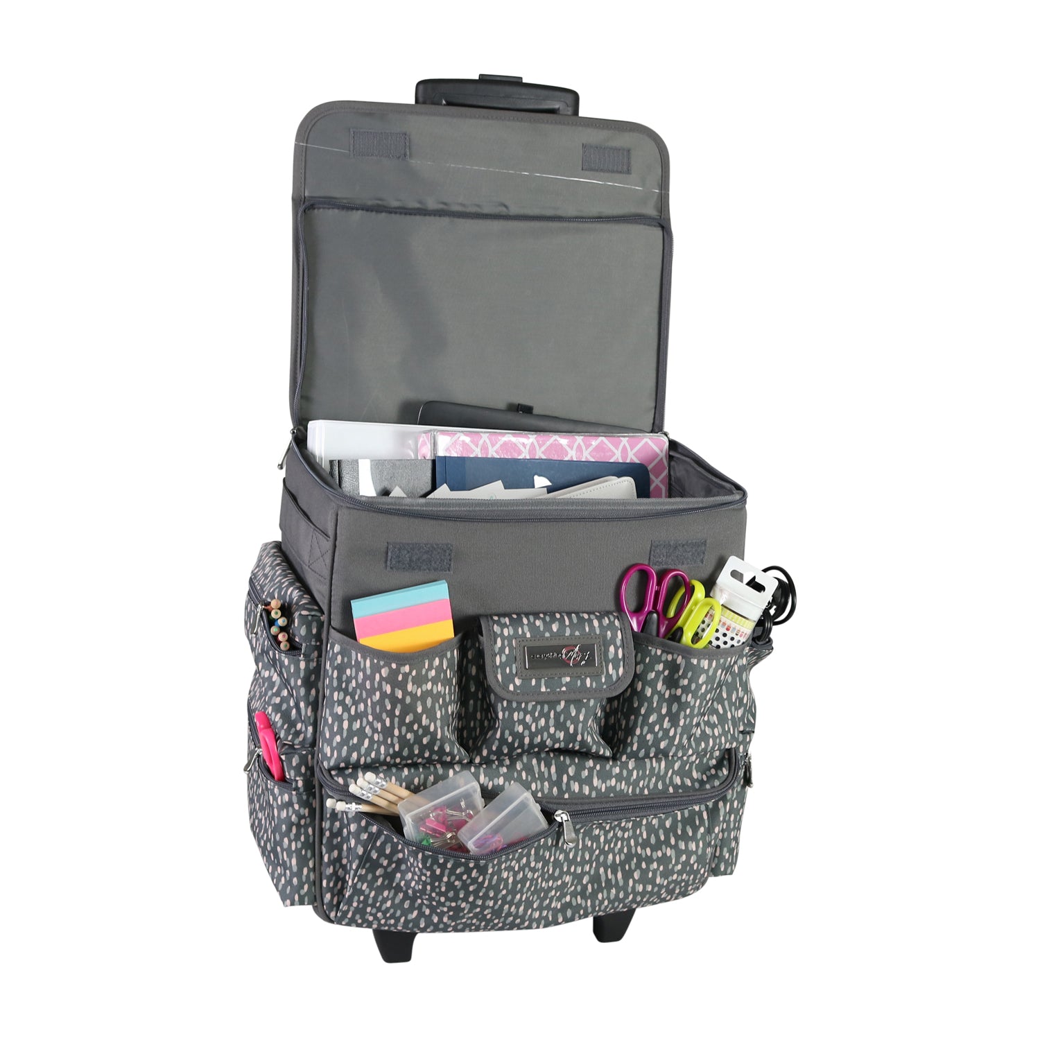 Multi-Compartment Teacher Rolling Tote, Grey & White