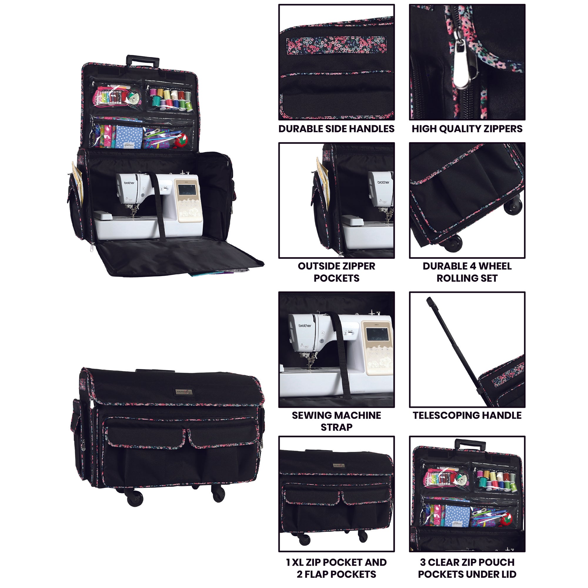 Everything Mary Collapsible Serger Machine Rolling Storage Case, Black Floral - Carrying Bag for Overlock Machines - for