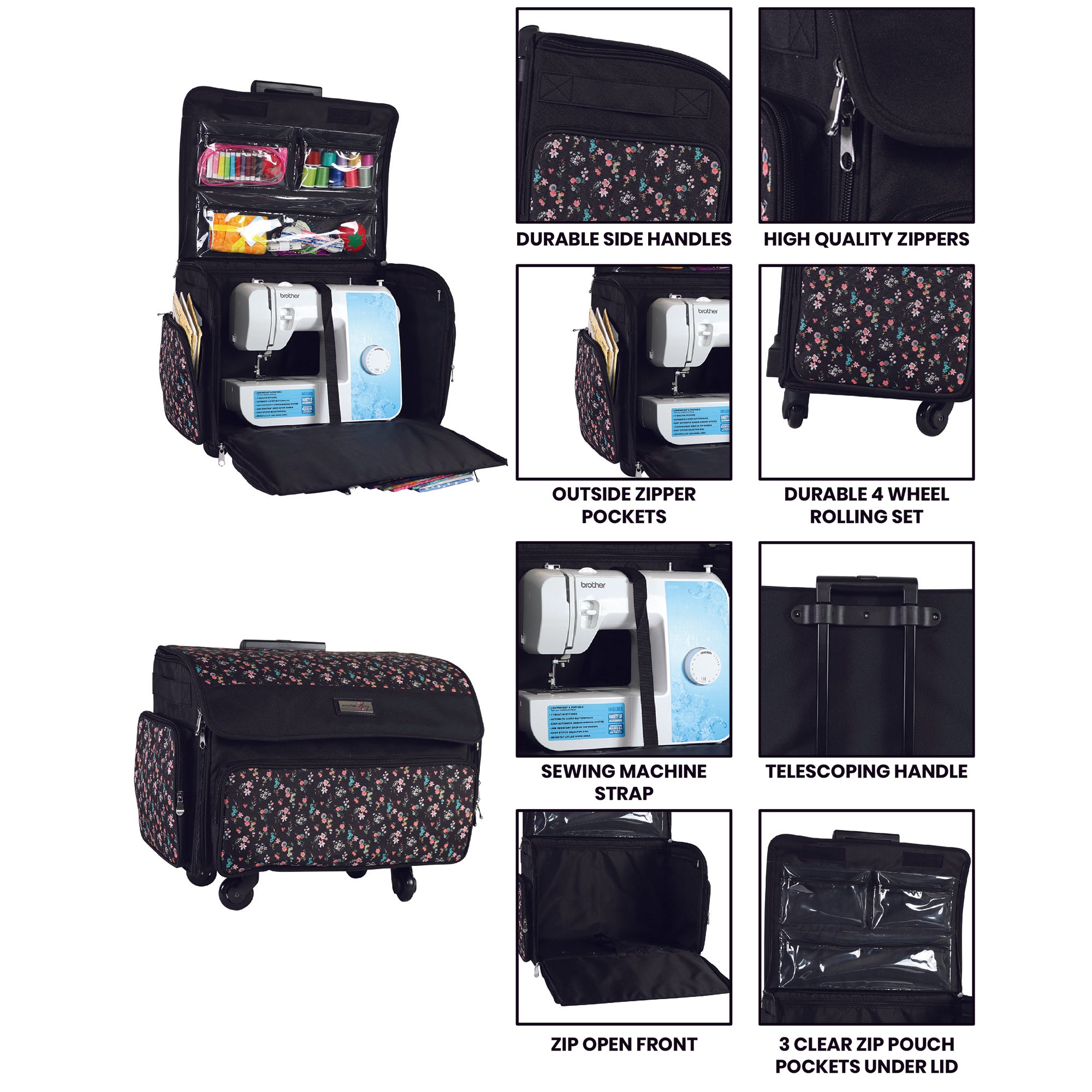  Everything Mary 4 Wheels XXL Collapsible Deluxe Sewing Machine  Trolley, Black Quilted - Rolling Carrying Storage Case for Large Brother,  Singer, & Bernina Machines - Universal Travel Tote Bag : Clothing