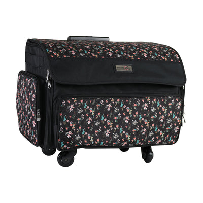 XL 4 Wheel Collapsible Deluxe Rolling Sewing Machine Storage Case, Black & Floral